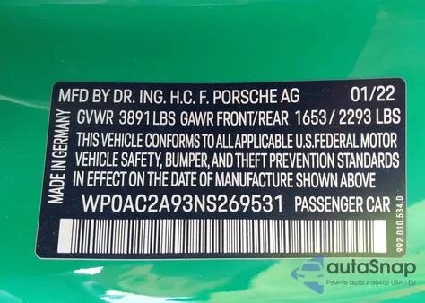 2022 Porsche 911 Gt3 z USA, uszkodzony, nr VIN WP0AC2A93NS269531